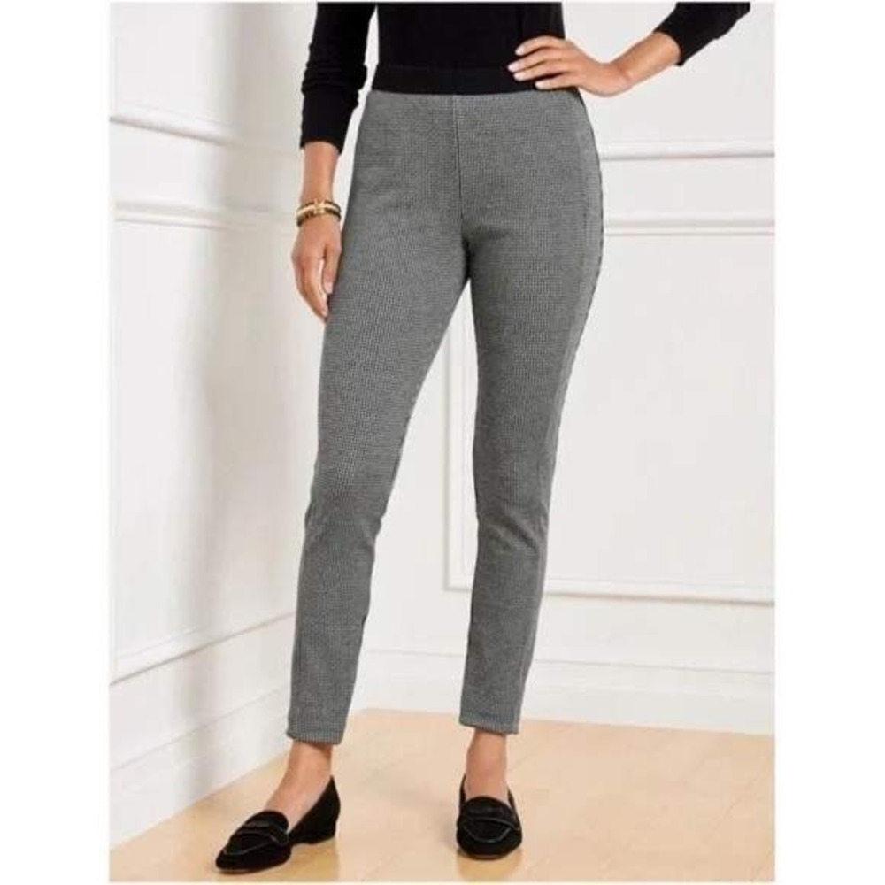 Talbots Soho Ankle Pants Womens Size 14 Black White Houndstooth Plaid Pull on